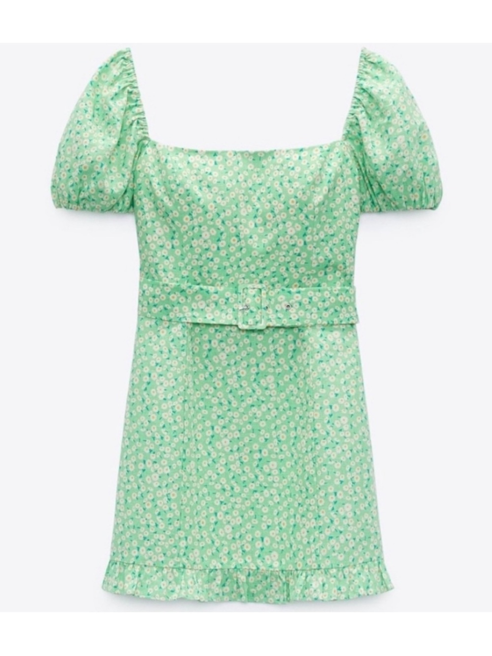 Zara Linen Blend Puff Sleeve Mini Dress in Light Green Floral Daisy Print Size S
